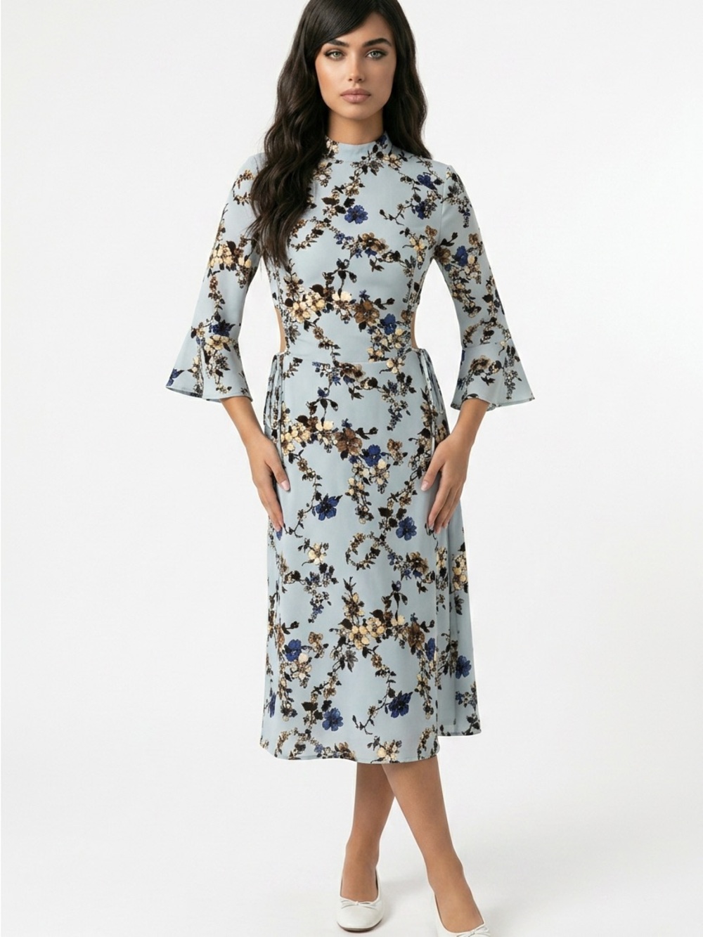 Topshop Pale Blue Floral Mock-Neck Midi Dress